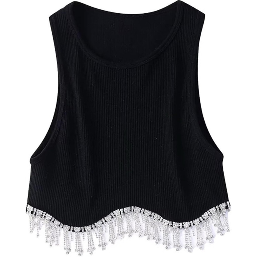 Women’s Tassel Diamond Beading Crop Top, Medium